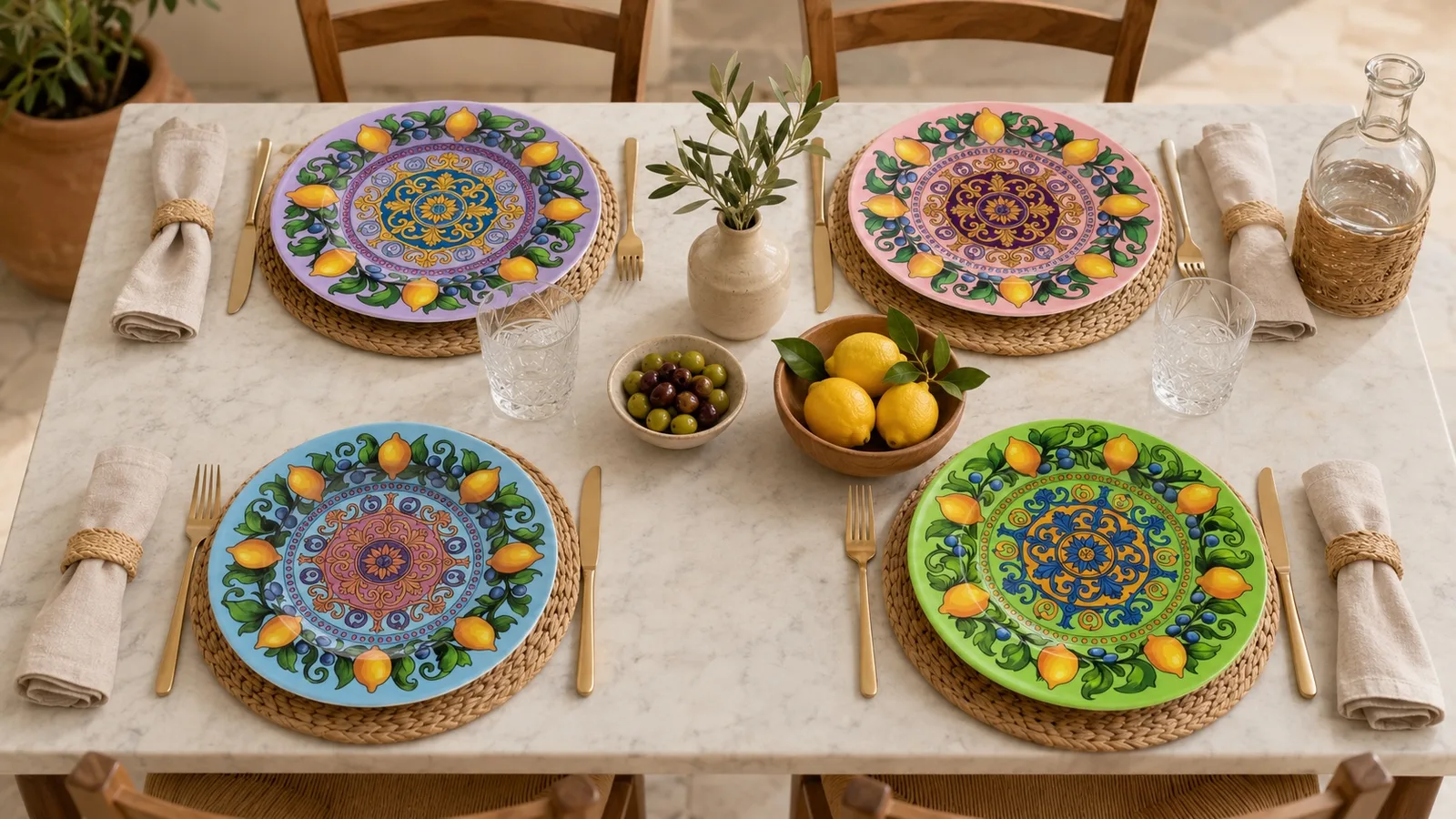Mediterranean outdoor dining table with La Fiorencia plates